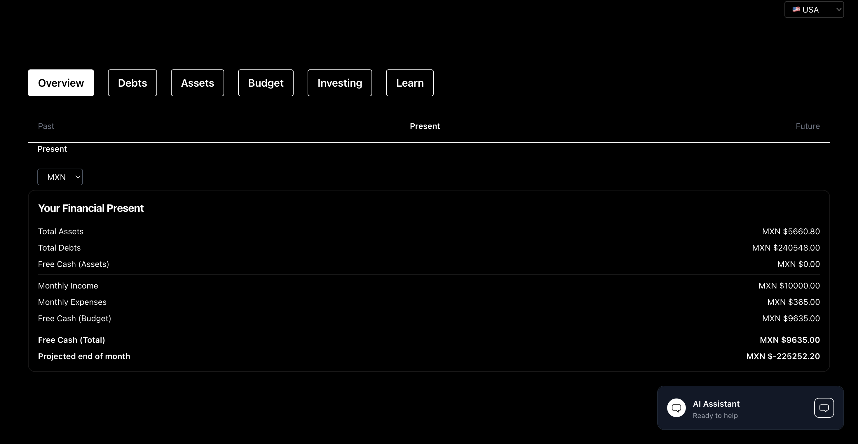 Overview dashboard showing financial tracking